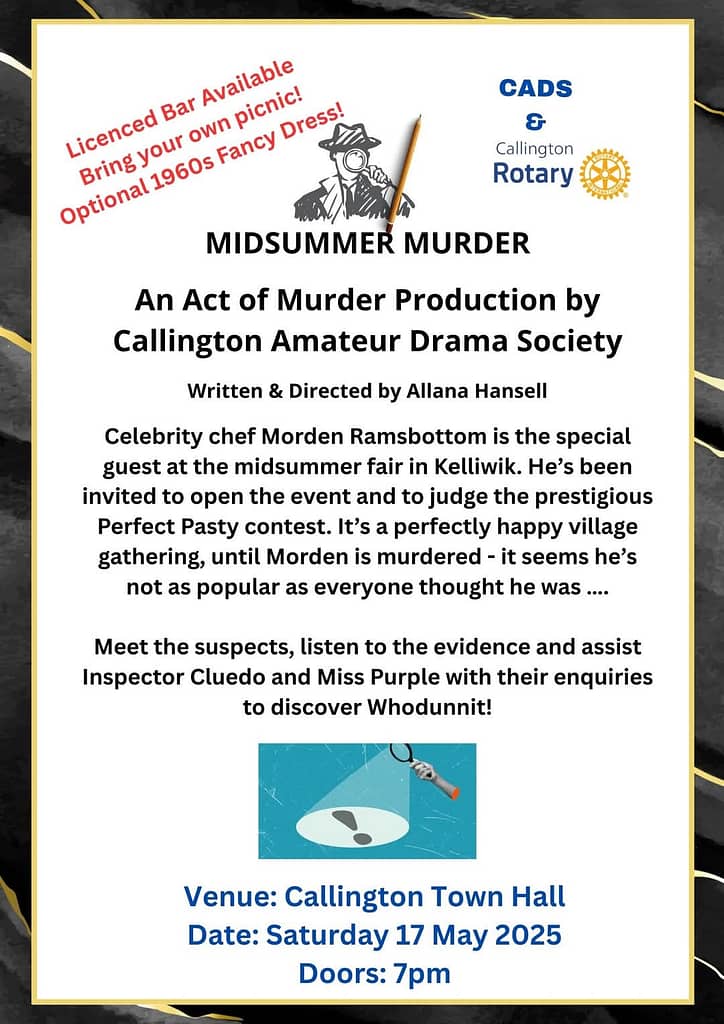 Updated poster for the murder mystery evening taking place in the town hall, Callington 