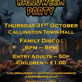 Back again for the Halloween family disco in Callington Town Halll 2024, starting at 6.00pm untill 8pm