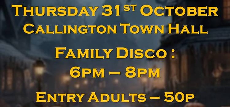 Back again for the Halloween family disco in Callington Town Halll 2024, starting at 6.00pm untill 8pm