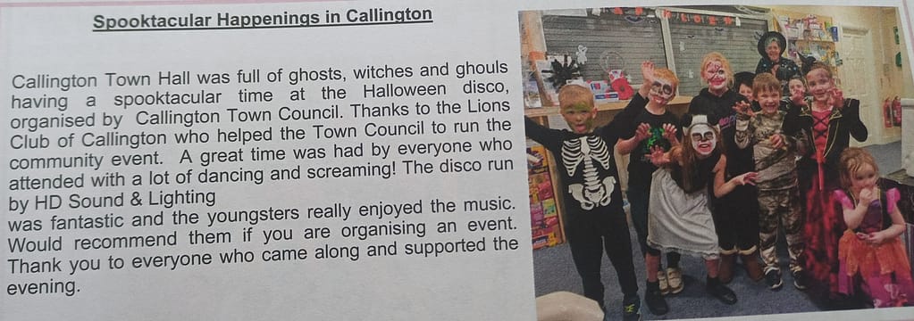 Halloween at the Town Hall in Callington, Newsletter text