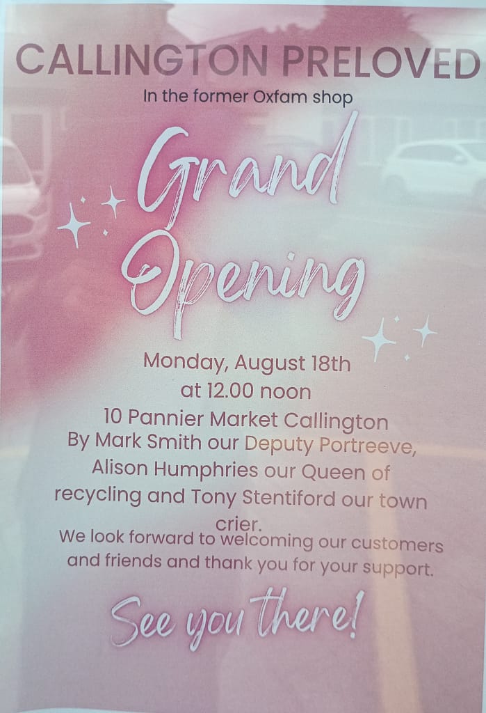 July & August news 2025. Callington preloved, new charity shop in Callington. Based in the pannier market in the old Oxfam shop