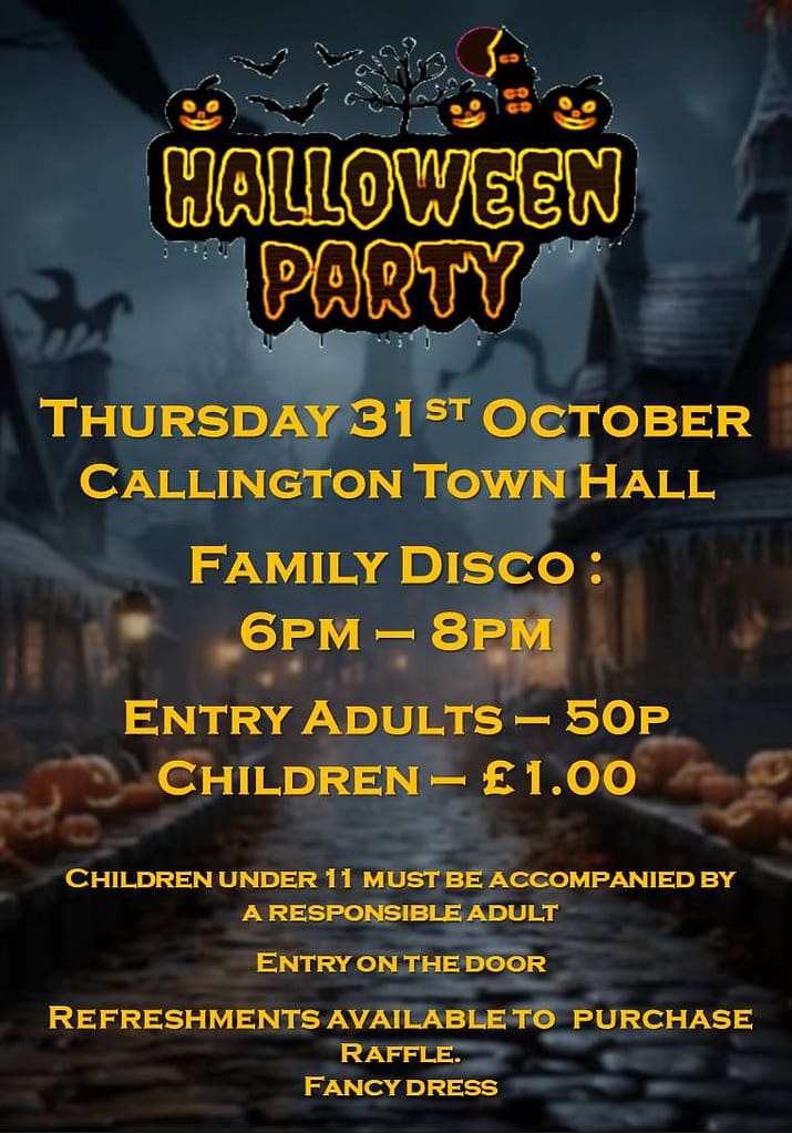 Back again for the Halloween family disco in Callington Town Halll 2024, starting at 6.00pm untill 8pm