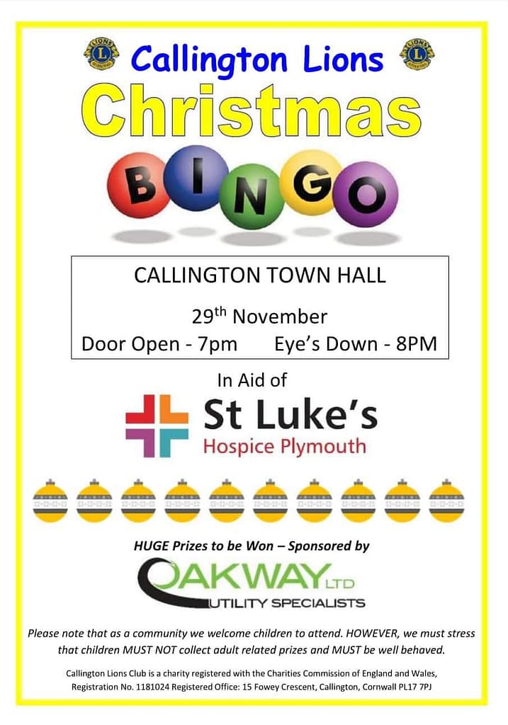 Callington lions christmas bingo in Callington town hall 29th November 7pm