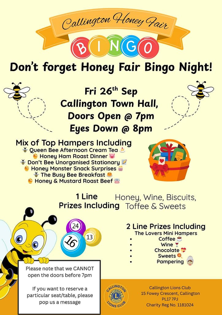 HONEY FAIR BINGO, 2025, Callington Town Hall