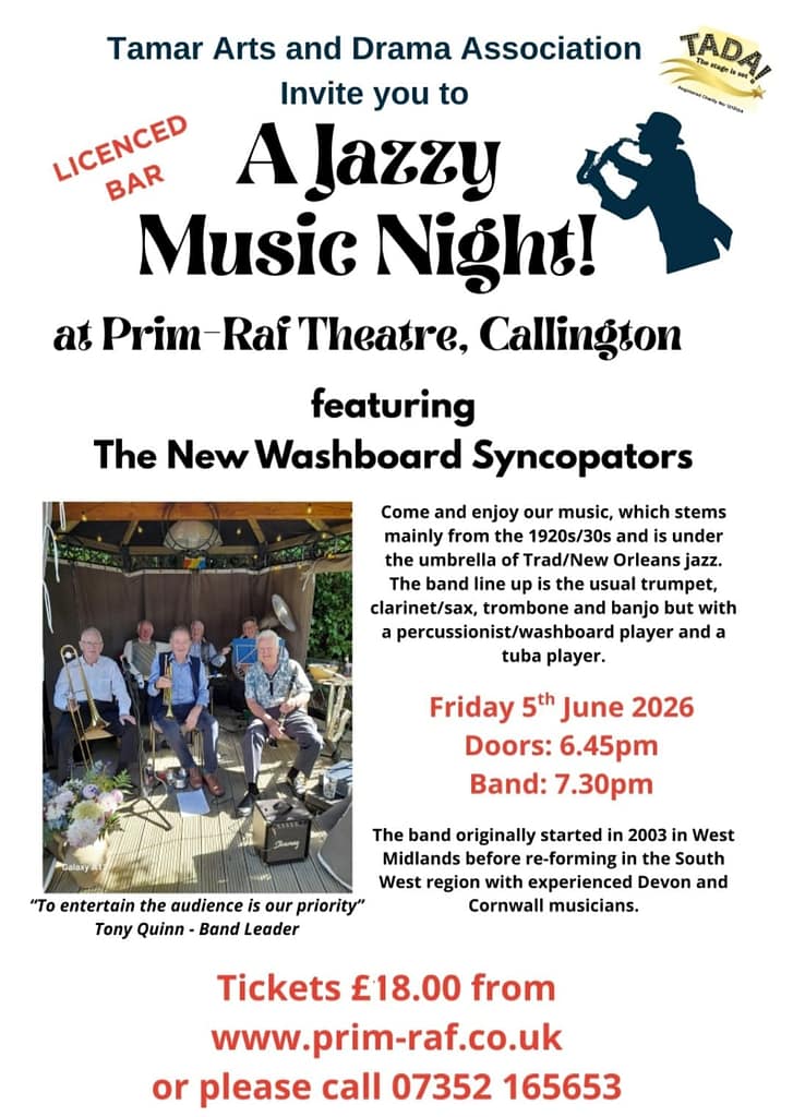 This is the second music night hosted at the Prim-Raf theatre by TADA!. Following the successful Beat the Blues night held at the end of January. Another musical event is organised this time it will be a Jazz night with 'The New Washboard Syncopators'