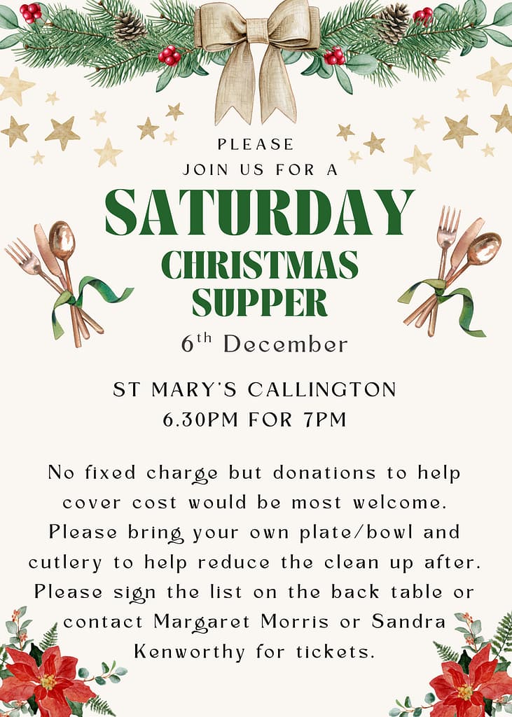 Saturday Christmas Supper, St Mary’s Callington. 6th of December 2025 6.30pm for 7pm start