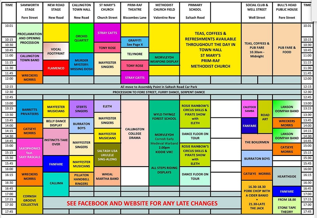Timetable of planned events and acts for Mayfest 2026 Callington,
mayfest 2026 schedule