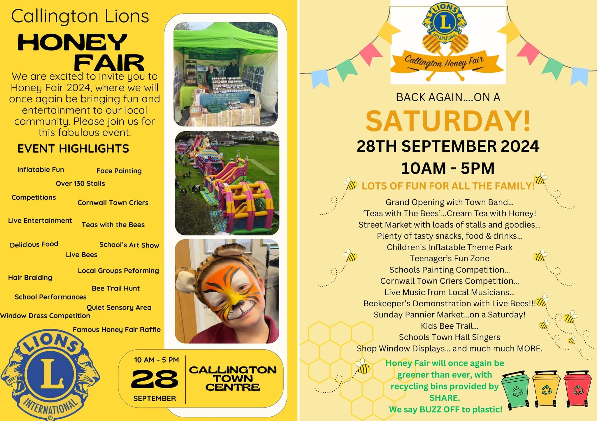 Flyer for the 2024 Callington Honey fair in Callington, details on what is happening on the day.
