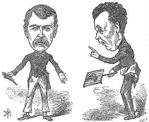 Edward Saker and Lionel Brough as Box and Cox, caricatured in 1883