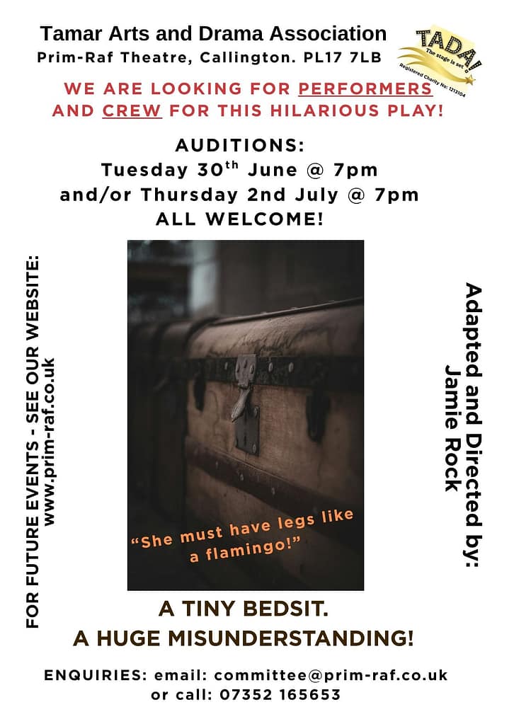 Production Title: Box and Cox
Location: Callington / Prim-Raf Theatre Callington
Audition Dates: 30 June 2026 7pm and/or 2nd July 7pm