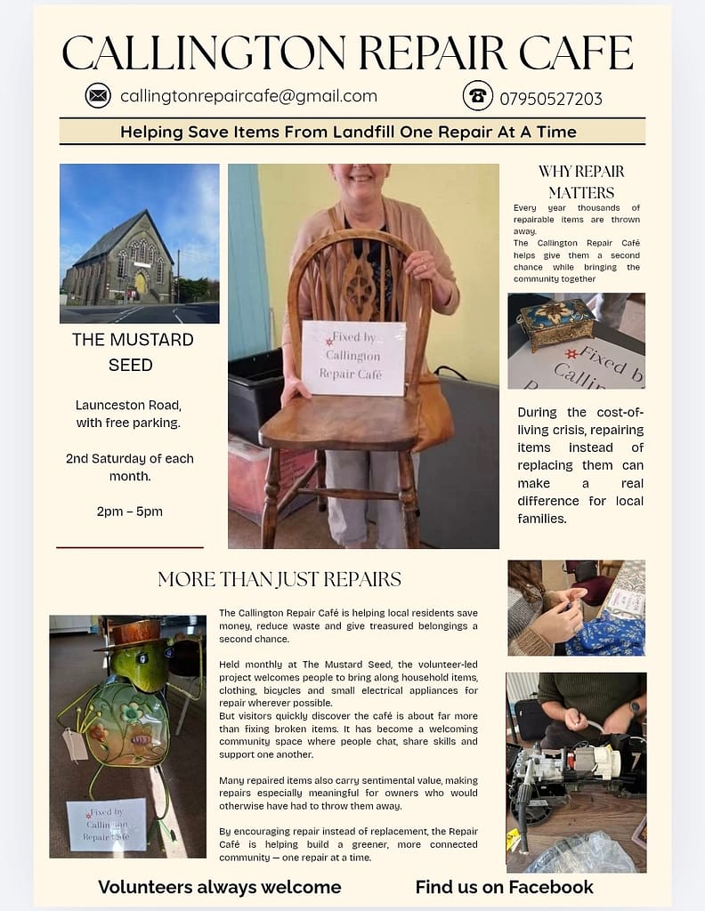 Callington repair cafe news June 2026 poster/advert